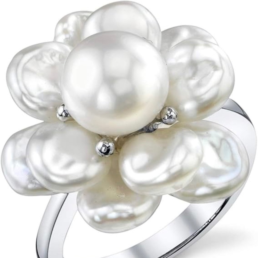 Pearl Source Keshi Genuine Freshwater Pearl Ring, SS Band, Size 6-6.5